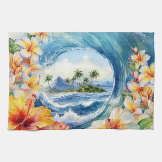 Kai Aloha Hibiskus-Wasserfarben-Welle Reversibel Geschirrtuch (Horizontal)