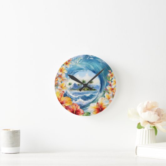 Kai Aloha Hibiskus Wasserfarbenwelle Reversible Runde Wanduhr (Zuhause)