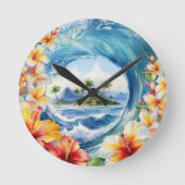 Kai Aloha Hibiskus Wasserfarbenwelle Reversible Runde Wanduhr (Vorderseite)