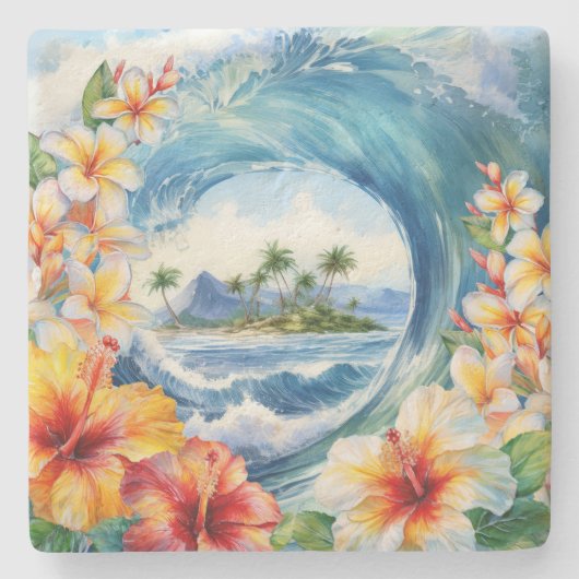 Kai Aloha Hibiskus-Wasserfarbenwelle Steinuntersetzer (Vorderseite)