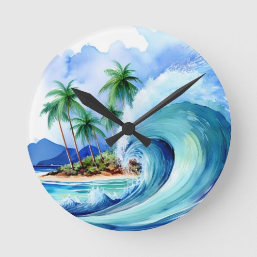 Kai Aloha Island Watercolor Wave Runde Wanduhr (Vorderseite)