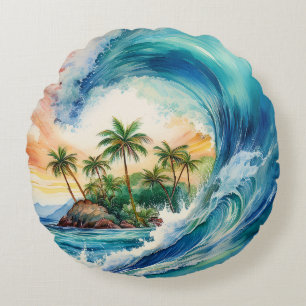 Kai Aloha Motu Watercolor Wave Rundes Kissen