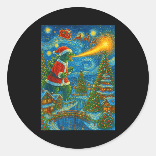 Kaiju Christmas Van Gogh Starry Night Japanese Mon Runder Aufkleber (Vorderseite)