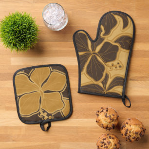 Kailua Hibiskus Hawaiian Floral Gold Brown Ofenhandschuh & Topflappen-Set