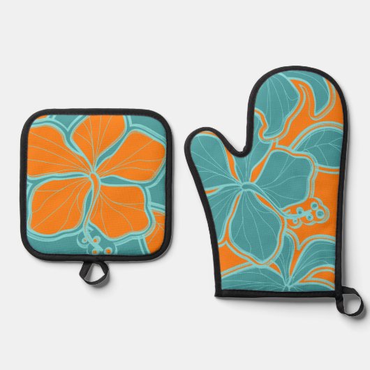 Kailua Hibiskus Hawaiian Floral Orange Aquamarin Ofenhandschuh & Topflappen-Set (Vorderseite)