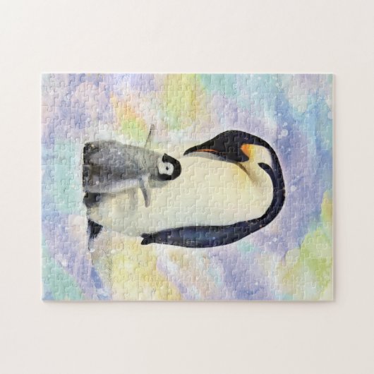 Kaiser Penguin mit Babykick Wasserfarbe Puzzle (Horizontal)