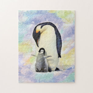 Kaiser Penguin mit Babykick Wasserfarbe Puzzle