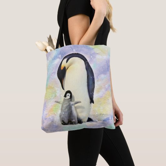 Kaiser-Pinguin mit Baby-Aquarell Tasche (Von Nahem)