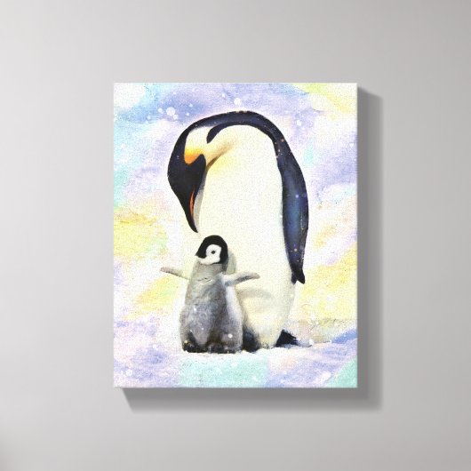 Kaiser Pinguin mit Baby Chick Watercolor Leinwanddruck (Vorderseite)