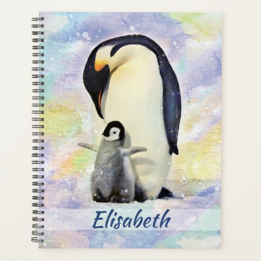Kaiser Pinguin mit Baby Chick Watercolor Planer (Vorderseite)