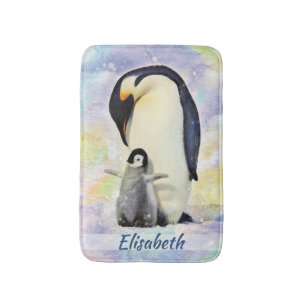 Kaiser-Pinguin mit Baby-Küken-Aquarell Badematte