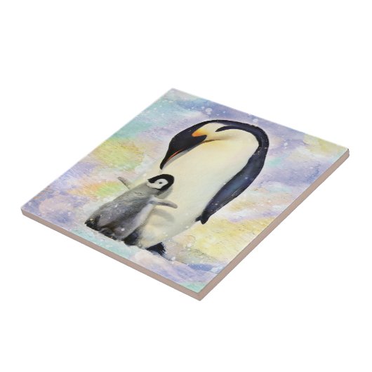 Kaiser-Pinguin mit Baby-Küken-Aquarell Fliese (Seite)