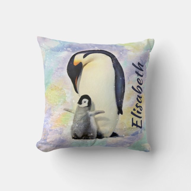 Kaiser-Pinguin mit Baby-Küken-Aquarell Kissen (Vorderseite)