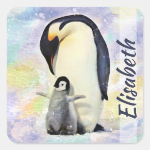 Kaiser-Pinguin mit Baby-Küken-Aquarell Quadratischer Aufkleber