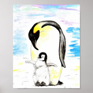 Kaiser-Pinguin und Küken Aquarellmalerei Poster