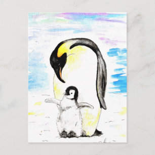 Kaiser-Pinguin und Küken Aquarellmalerei Postkarte