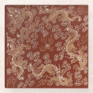 Kaiserlich rote und goldene Drachen-Seidenkunst Glasuntersetzer