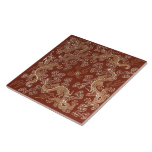 Kaiserlicher Roter und Goldener Drache Seidenkunst Fliese