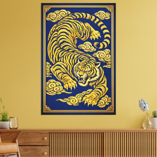 Kaiserlicher Tiger – Gold & Blau Leinwanddruck