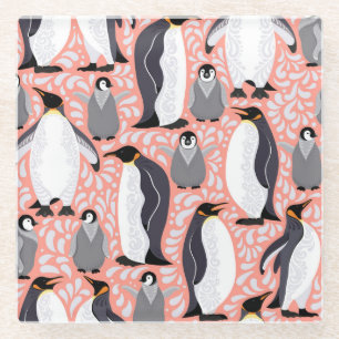 Kaiserpinguine, Sträucher, rosa dekoratives Muster Glasuntersetzer