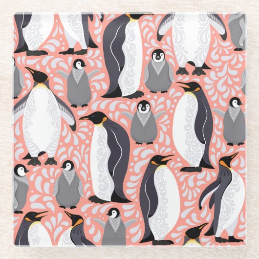 Kaiserpinguine, Sträucher, rosa dekoratives Muster Glasuntersetzer (Vorderseite)