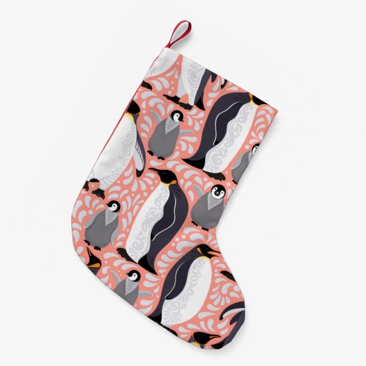 Kaiserpinguine und ihre Naben auf einem rosa Muste Kleiner Weihnachtsstrumpf (Vorderansicht (hängend))