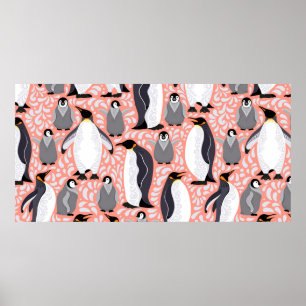 Kaiserpinguine und ihre Naben auf einem rosa Muste Poster