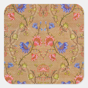 Kaiserrot und Gold verflochtene florale Seidenkuns Quadratischer Aufkleber