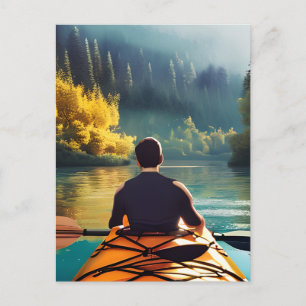 Kajakfahren auf dem See durch Berge und Bäume Postkarte