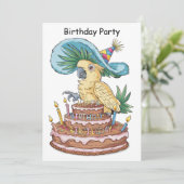 Kakadu am Geburtstagskuchen extravaganter Hut Einladung (Stehend Vorderseite)