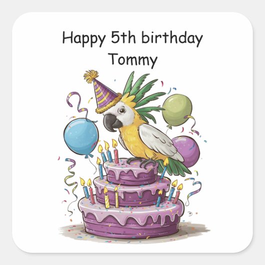 Kakadu auf den Geburtstagskuchen Quadratischer Aufkleber (Vorderseite)