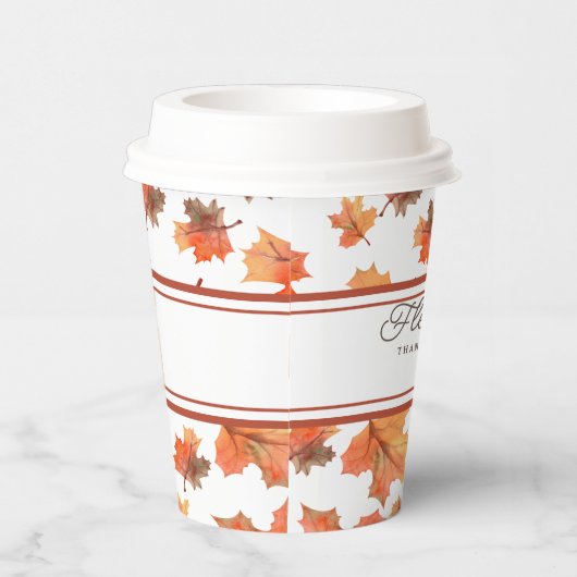 Kakaobänder und goldene Herbstlaube individuell an Pappbecher (Rechts)
