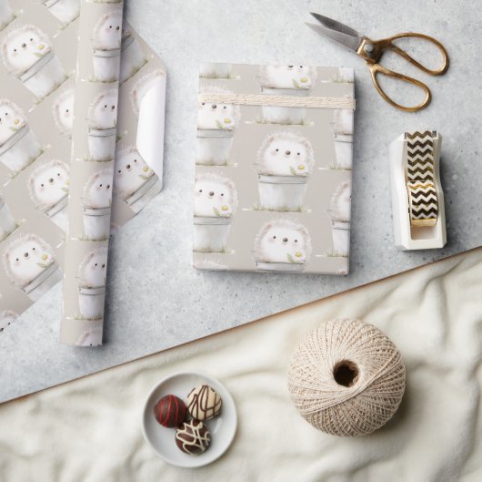 Kakaocreme-Igel-Gänseblümchen-Blumen-Eimer-Geburts Geschenkpapier (Kunsthandwerk)