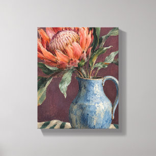 Kaki-Protea in einer kühlen blauen Kanne Leinwanddruck
