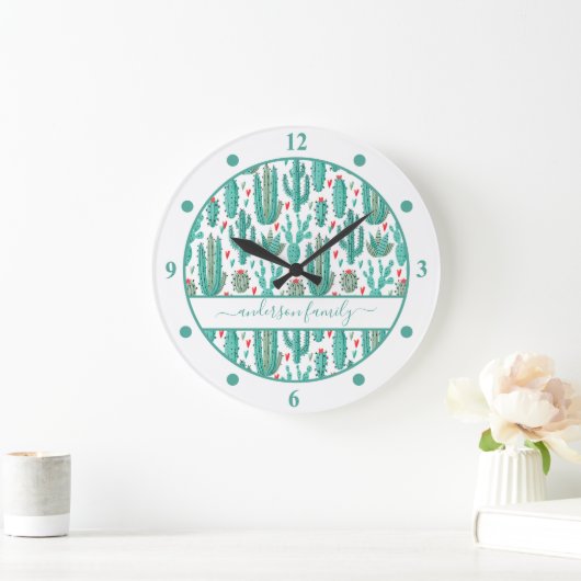 Kakteen, grüne weiße Monogramm Große Wanduhr (Zuhause)