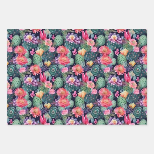 Kakteen, kleine Blume, Aquarellmuster Geschenkpapier Set (Vorderseite 3)