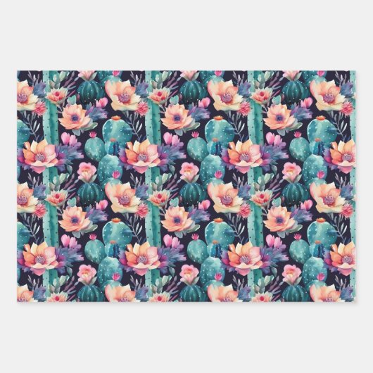 Kakteen, kleine Blume, Aquarellmuster Geschenkpapier Set (Vorderseite)