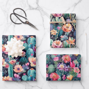 Kakteen, kleine Blume, Aquarellmuster Geschenkpapier Set