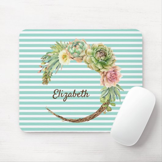 Kakteen on Mint Green Stripes Mouse Pad Mousepad (Mit Mouse)