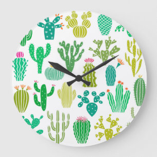 Kakteen Pflanze: Vintages Set mit Blumen. Große Wanduhr