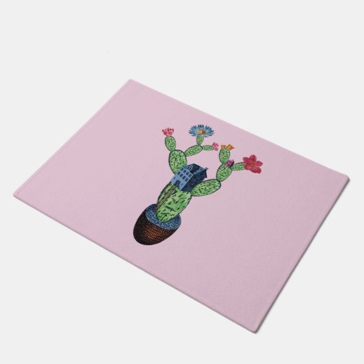 Kakteen pflauschig mit Blume Fußmatte (Schrägansicht)