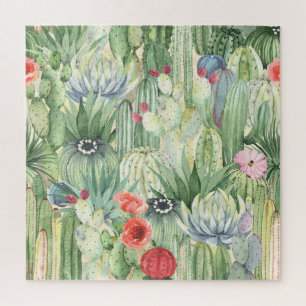 Kakteen, Sukkulente: floraler Aquarelldruck. Puzzle