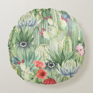 Kakteen, Sukkulente: floraler Aquarelldruck. Rundes Kissen