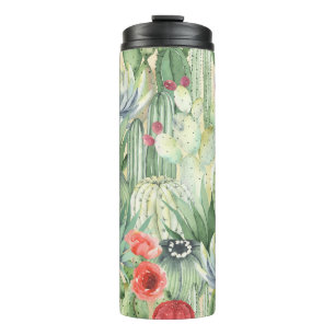 Kakteen, Sukkulente: floraler Aquarelldruck. Thermosbecher