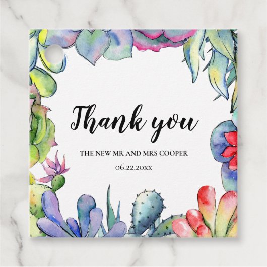 Kakteen- und Sukkulente Aquarellhochzeit Geschenkanhänger (Vorderseite)