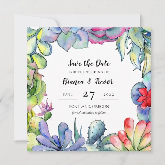 Kakteen und Sukkuline Wasserfarbe Save the Date Einladung (Vorderseite)