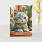 Kakteen und Tabby Cat Birthday Karte (Gelbe Blume)