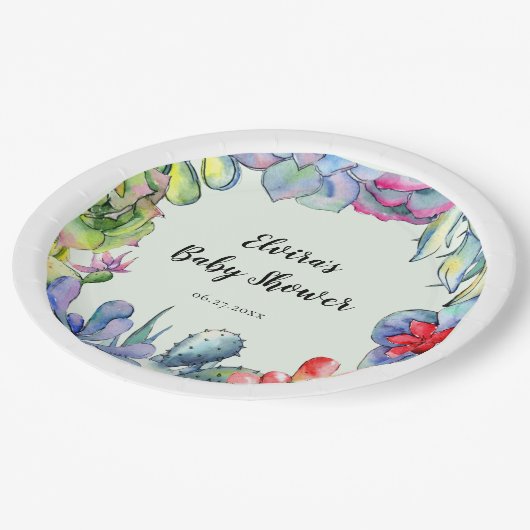 Kakteen Wasserfarbe Babydusche Pappteller (Schrägansicht)