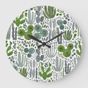 Kakteen Watercolor Hand Painted Pattern Große Wanduhr