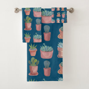 Kakteensucculents-Aquarell-Terrakotta-Topf-Indigo Badhandtuch Set